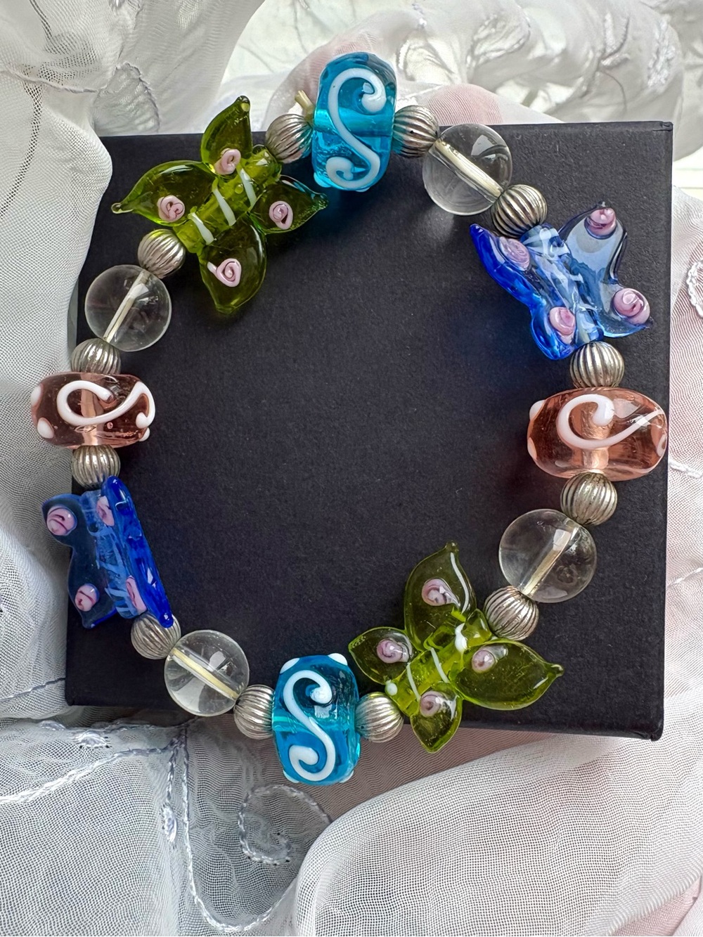 Vintage Colorful Glass Butterfly & Bead Fairycore Bracelet